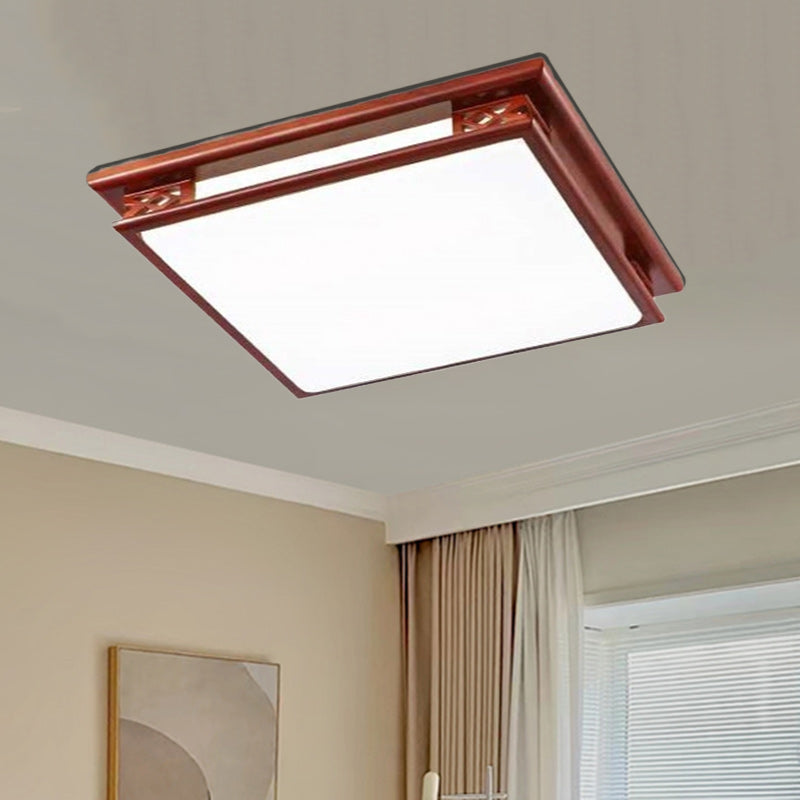 Traditional Chinese Square Solid Wood Acrylic Shade LED Flush Mount Ceiling Light For Bedroom