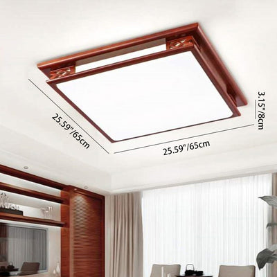 Traditional Chinese Square Solid Wood Acrylic Shade LED Flush Mount Ceiling Light For Bedroom