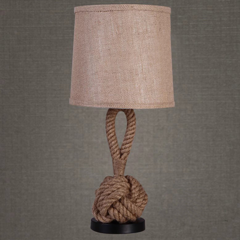 Contemporary Retro Drum Shape Twisted Rope Linen Iron 1-Light Table Lamp For Bedroom