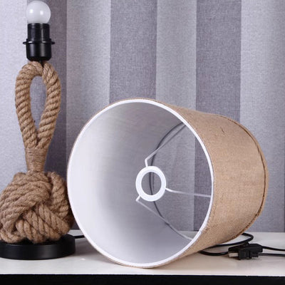 Contemporary Retro Drum Shape Twisted Rope Linen Iron 1-Light Table Lamp For Bedroom