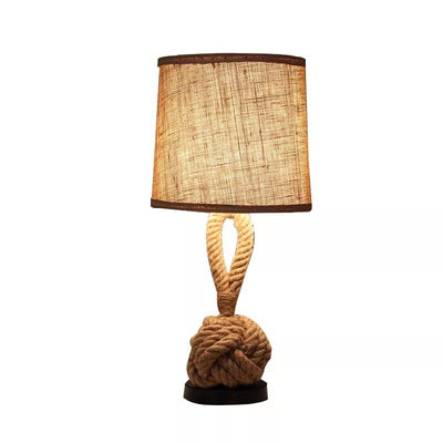 Contemporary Retro Drum Shape Twisted Rope Linen Iron 1-Light Table Lamp For Bedroom