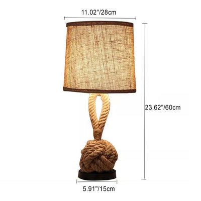 Contemporary Retro Drum Shape Twisted Rope Linen Iron 1-Light Table Lamp For Bedroom