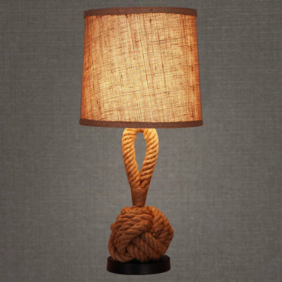 Contemporary Retro Drum Shape Twisted Rope Linen Iron 1-Light Table Lamp For Bedroom