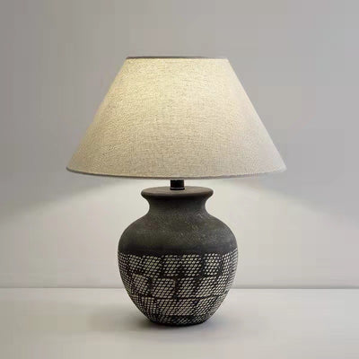 Traditional Japanese Drum Shape Vase Base Ceramic Linen 1-Light Table Lamp For Bedroom