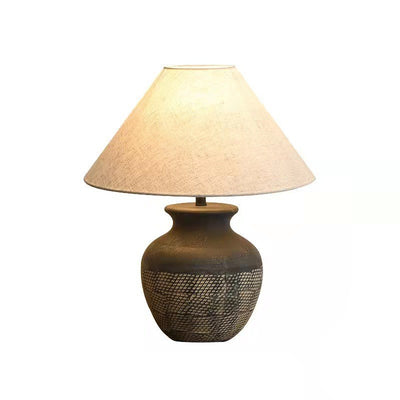 Traditional Japanese Drum Shape Vase Base Ceramic Linen 1-Light Table Lamp For Bedroom