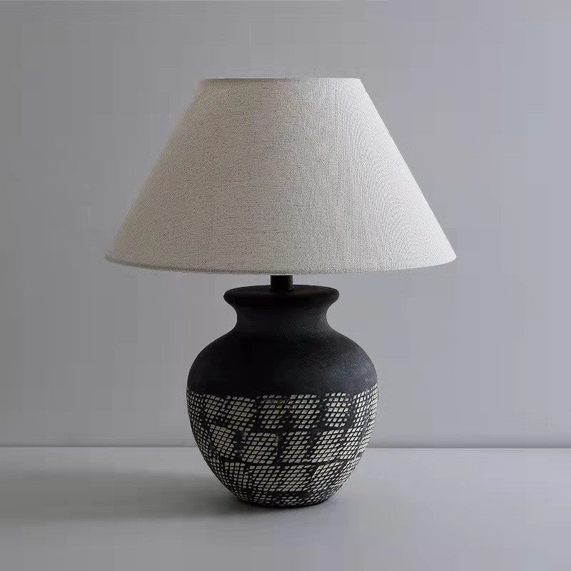 Traditional Japanese Drum Shape Vase Base Ceramic Linen 1-Light Table Lamp For Bedroom