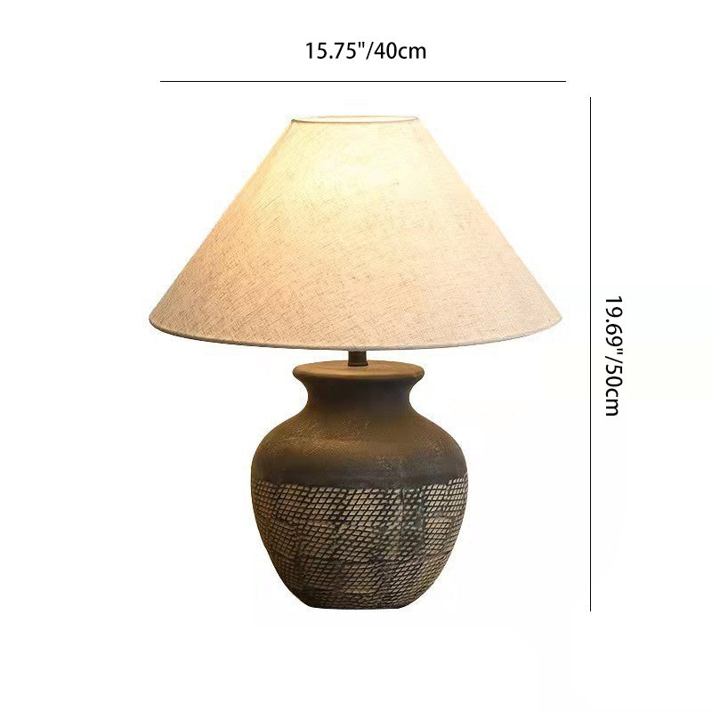 Traditional Japanese Drum Shape Vase Base Ceramic Linen 1-Light Table Lamp For Bedroom