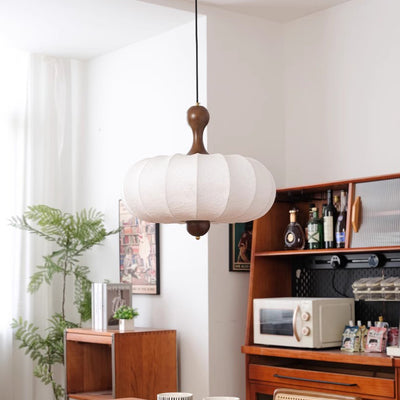 Contemporary Retro Fabric Imitation Silk Wood Pumpkin Shape 3/5-Light Pendant Light For Living Room