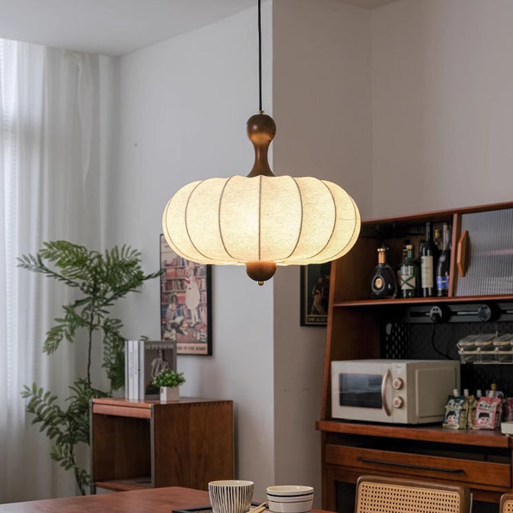 Contemporary Retro Fabric Imitation Silk Wood Pumpkin Shape 3/5-Light Pendant Light For Living Room