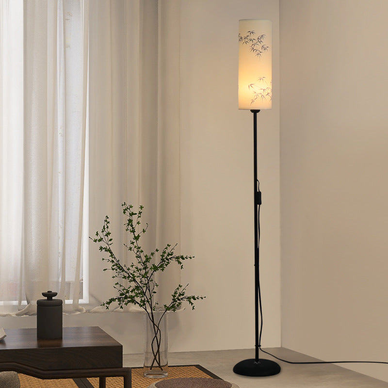 Traditional Chinese Iron Fabric Column Shape Bamboo Pattern Tall 1-Light Standing Floor Lamp For Living Room