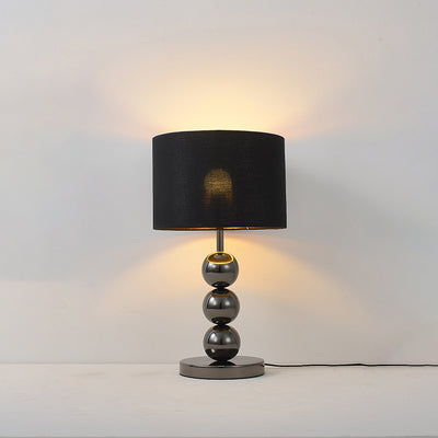 Modern Luxury Drum Shape Beaded Column Iron Fabric 1-Light Table Lamp For Bedroom