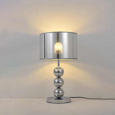 Modern Luxury Drum Shape Beaded Column Iron Fabric 1-Light Table Lamp For Bedroom