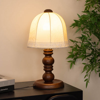 Contemporary Retro Wood Fabric Dome 1-Light Table Lamp For Bedroom