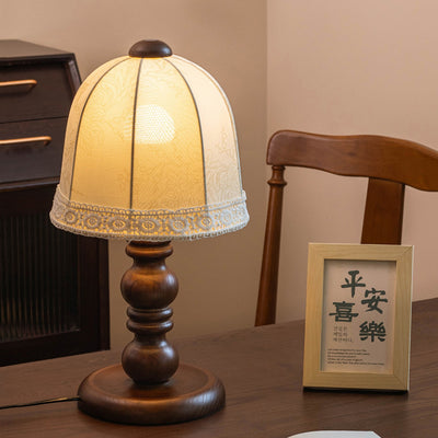 Contemporary Retro Wood Fabric Dome 1-Light Table Lamp For Bedroom