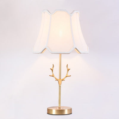 Contemporary Creative Drum Shape Pleated Brass Linen Deer Horn 1-Light Table Lamp For Bedroom