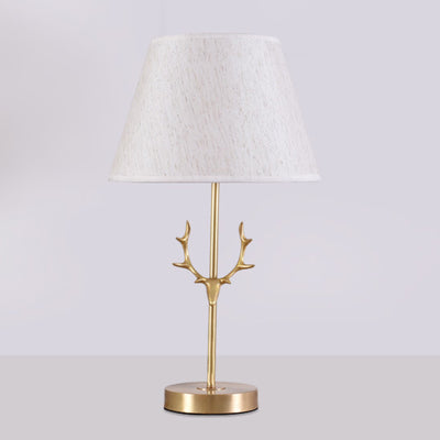 Contemporary Creative Drum Shape Pleated Brass Linen Deer Horn 1-Light Table Lamp For Bedroom