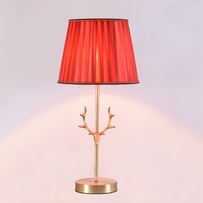 Contemporary Creative Drum Shape Pleated Brass Linen Deer Horn 1-Light Table Lamp For Bedroom