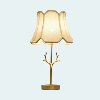 Contemporary Creative Drum Shape Pleated Brass Linen Deer Horn 1-Light Table Lamp For Bedroom