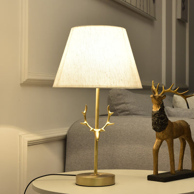 Contemporary Creative Drum Shape Pleated Brass Linen Deer Horn 1-Light Table Lamp For Bedroom