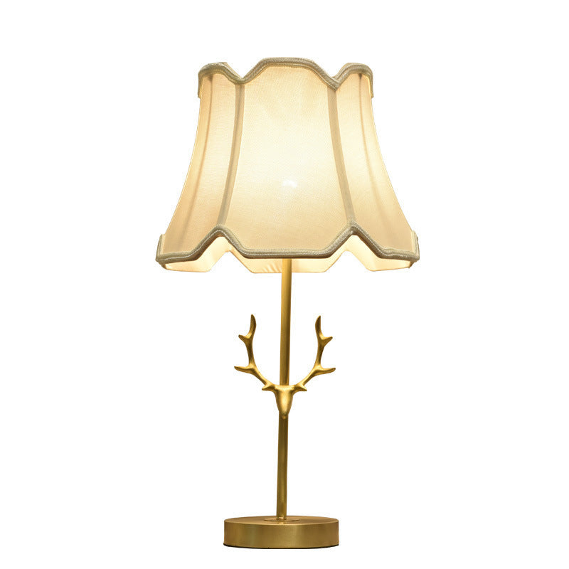 Contemporary Creative Drum Shape Pleated Brass Linen Deer Horn 1-Light Table Lamp For Bedroom