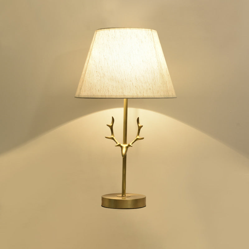 Contemporary Creative Drum Shape Pleated Brass Linen Deer Horn 1-Light Table Lamp For Bedroom