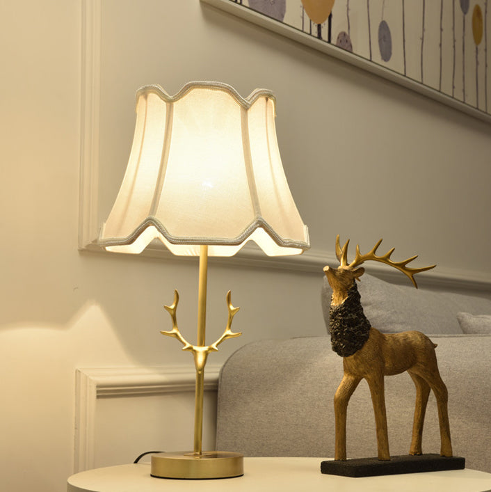 Contemporary Creative Drum Shape Pleated Brass Linen Deer Horn 1-Light Table Lamp For Bedroom