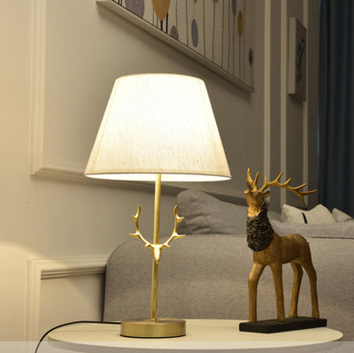 Contemporary Creative Drum Shape Pleated Brass Linen Deer Horn 1-Light Table Lamp For Bedroom