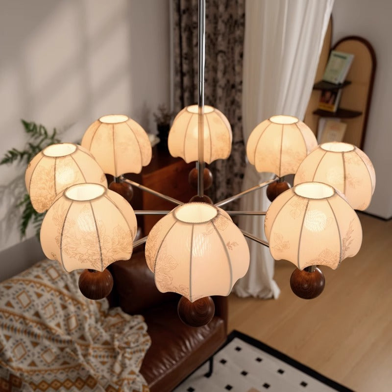 Traditional French Cream Flower Pattern Fabric Iron 3/6/8 Light Chandelier For Bedroom