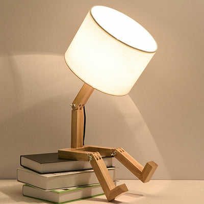 Contemporary Creative Transformable Robot Wood Fabric 1-Light Table Lamp For Study