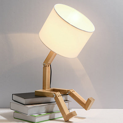 Contemporary Creative Transformable Robot Wood Fabric 1-Light Table Lamp For Study