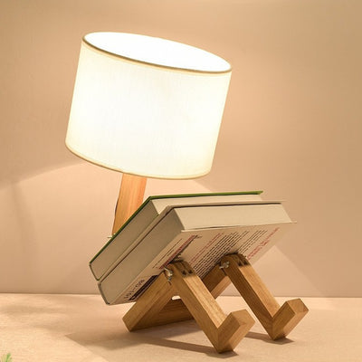 Contemporary Creative Transformable Robot Wood Fabric 1-Light Table Lamp For Study