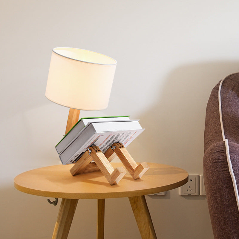 Contemporary Creative Transformable Robot Wood Fabric 1-Light Table Lamp For Study