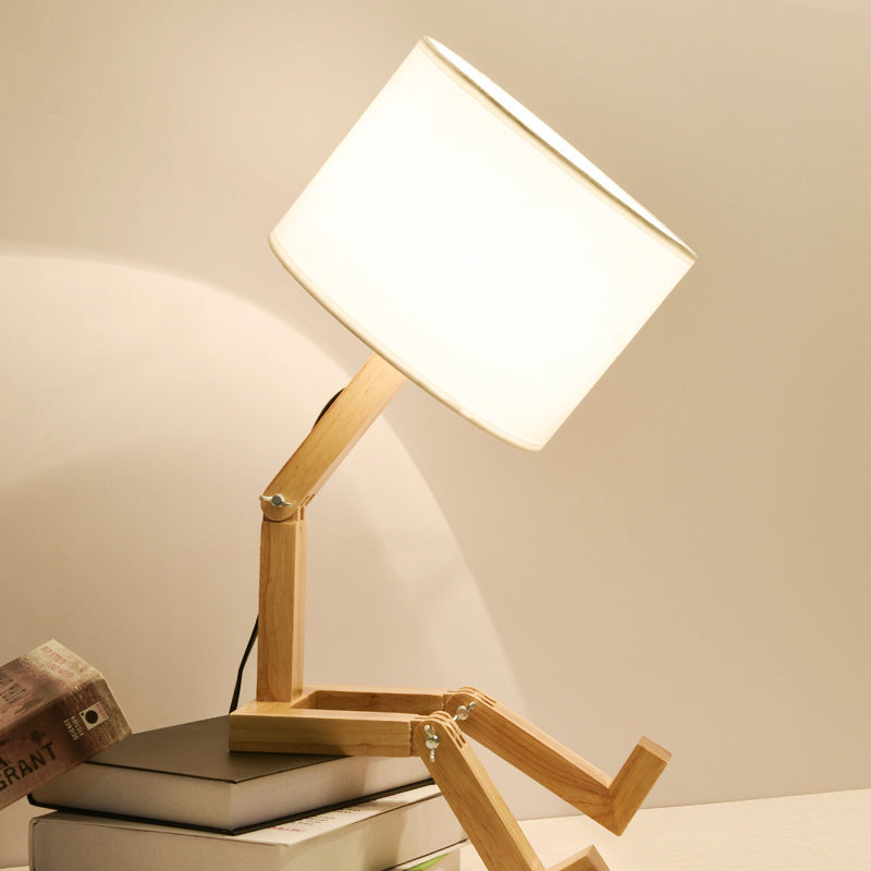 Contemporary Creative Transformable Robot Wood Fabric 1-Light Table Lamp For Study