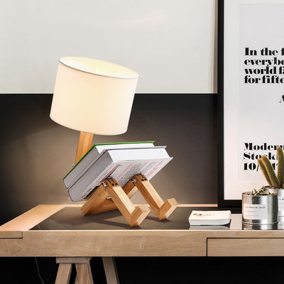 Contemporary Creative Transformable Robot Wood Fabric 1-Light Table Lamp For Study