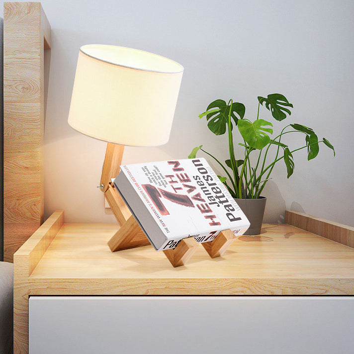 Contemporary Creative Transformable Robot Wood Fabric 1-Light Table Lamp For Study