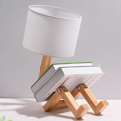 Contemporary Creative Transformable Robot Wood Fabric 1-Light Table Lamp For Study