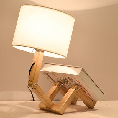 Contemporary Creative Transformable Robot Wood Fabric 1-Light Table Lamp For Study