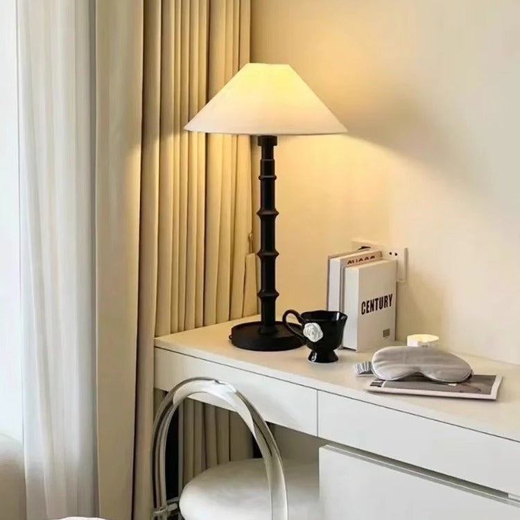 Traditional French Cone Imitation Bamboo Joint Base Wood Fabric 1-Light Table Lamp For Bedroom