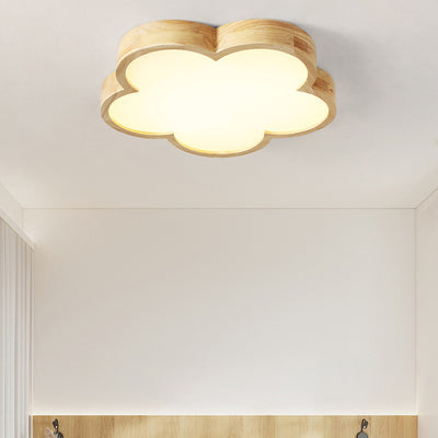 Traditional Japanese Flower Shape Wood Acrylic LED Flush Mount Ceiling Light For Living Room