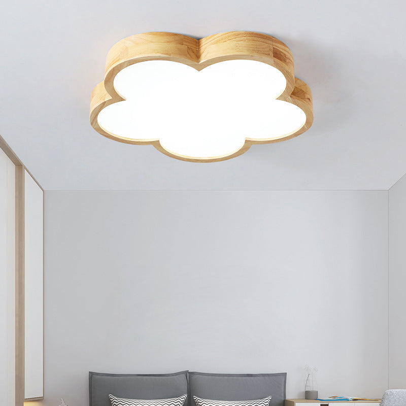 Traditional Japanese Flower Shape Wood Acrylic LED Flush Mount Ceiling Light For Living Room