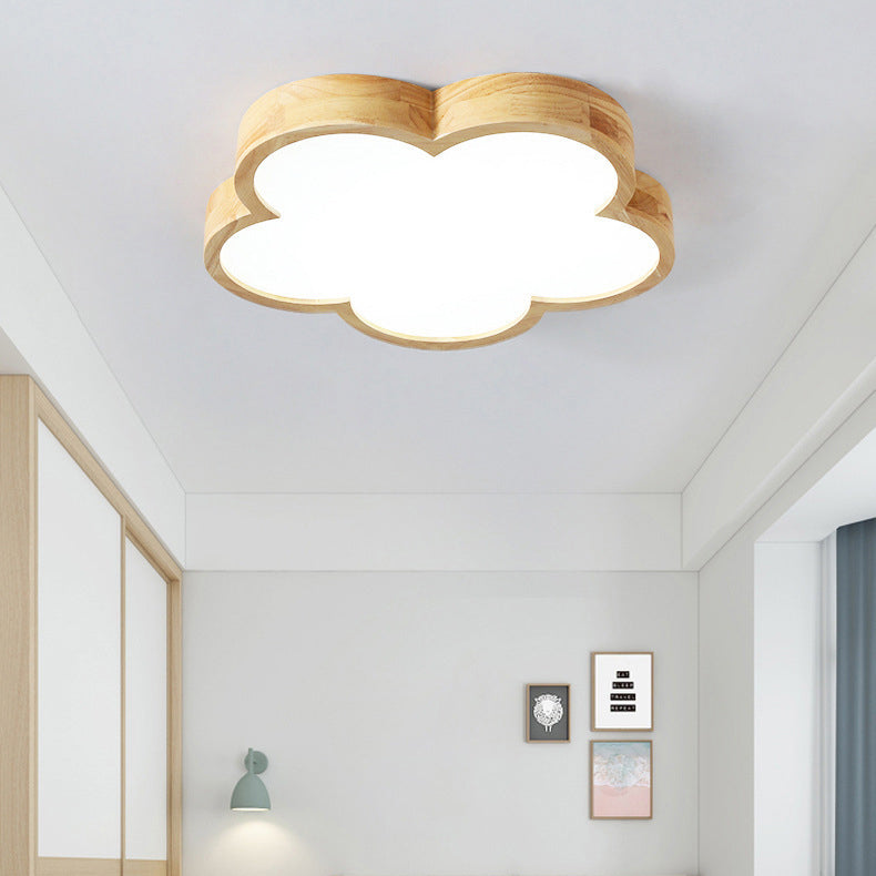 Traditional Japanese Flower Shape Wood Acrylic LED Flush Mount Ceiling Light For Living Room