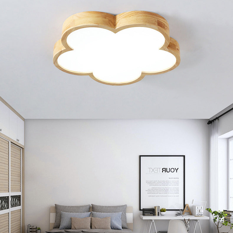 Traditional Japanese Flower Shape Wood Acrylic LED Flush Mount Ceiling Light For Living Room