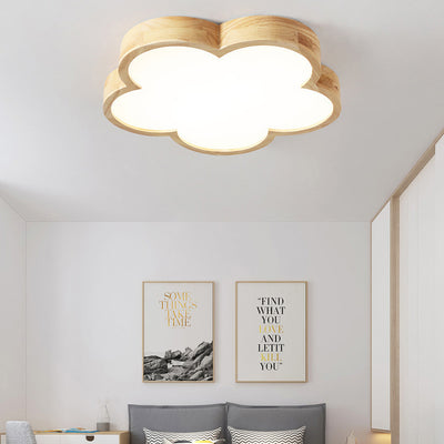 Traditional Japanese Flower Shape Wood Acrylic LED Flush Mount Ceiling Light For Living Room