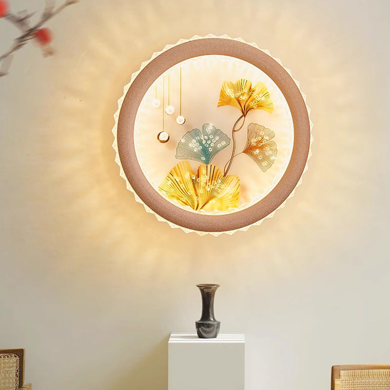 Modern Art Deco Round Fortune Deer Ginkgo Leaf Mural Iron Acrylic LED Wall Sconce Lamp For Living Room