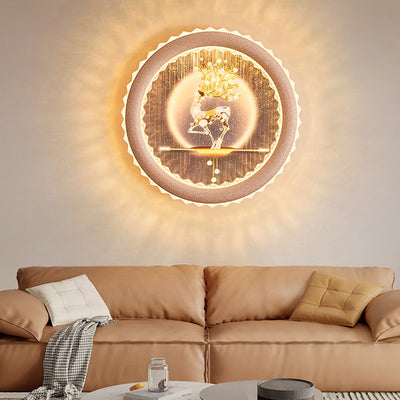 Modern Art Deco Round Fortune Deer Ginkgo Leaf Mural Iron Acrylic LED Wall Sconce Lamp For Living Room