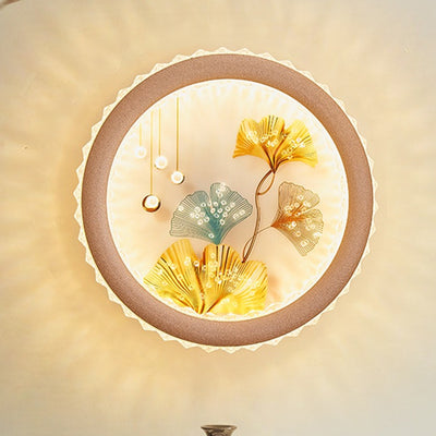 Modern Art Deco Round Fortune Deer Ginkgo Leaf Mural Iron Acrylic LED Wall Sconce Lamp For Living Room