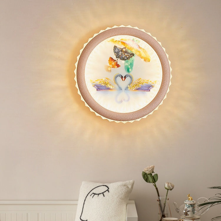 Modern Art Deco Round Fortune Deer Ginkgo Leaf Mural Iron Acrylic LED Wall Sconce Lamp For Living Room