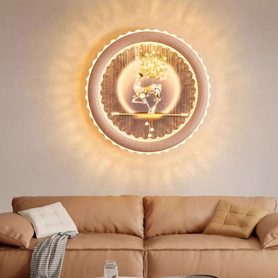 Modern Art Deco Round Fortune Deer Ginkgo Leaf Mural Iron Acrylic LED Wall Sconce Lamp For Living Room