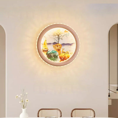 Modern Art Deco Round Fortune Deer Ginkgo Leaf Mural Iron Acrylic LED Wall Sconce Lamp For Living Room