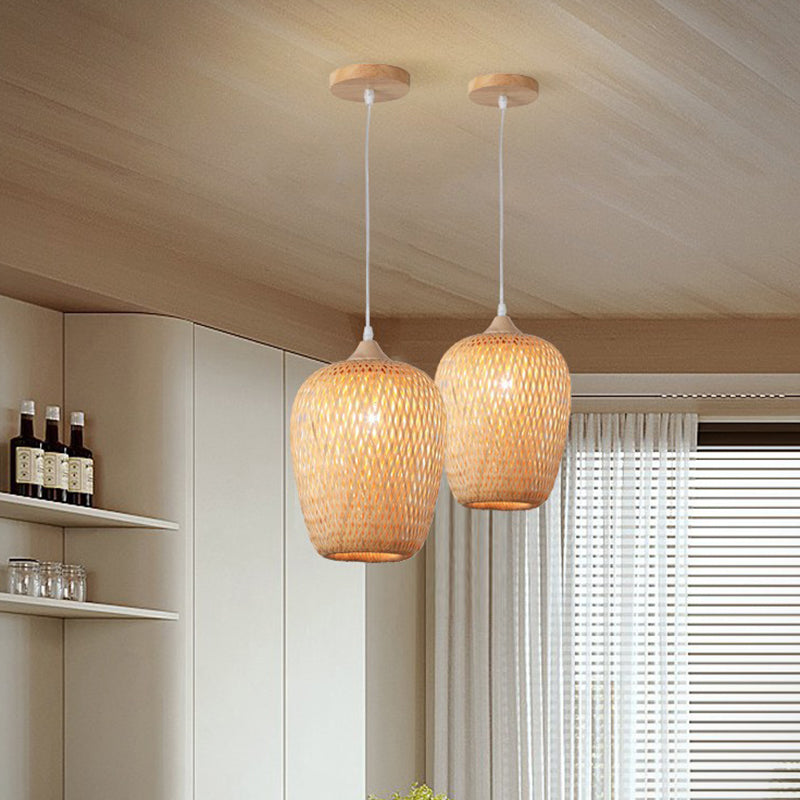 Contemporary Boho Lantern Shape Bamboo Weaving Wood 1 - Light Pendant Light For Dining Room